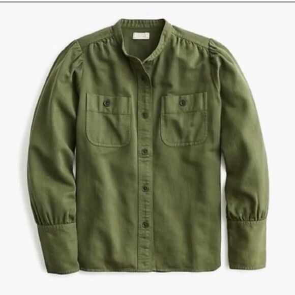 J. Crew Point Sur Olive Green puff sleeve Button Down Twill Shacket Blouse small - Picture 1 of 5